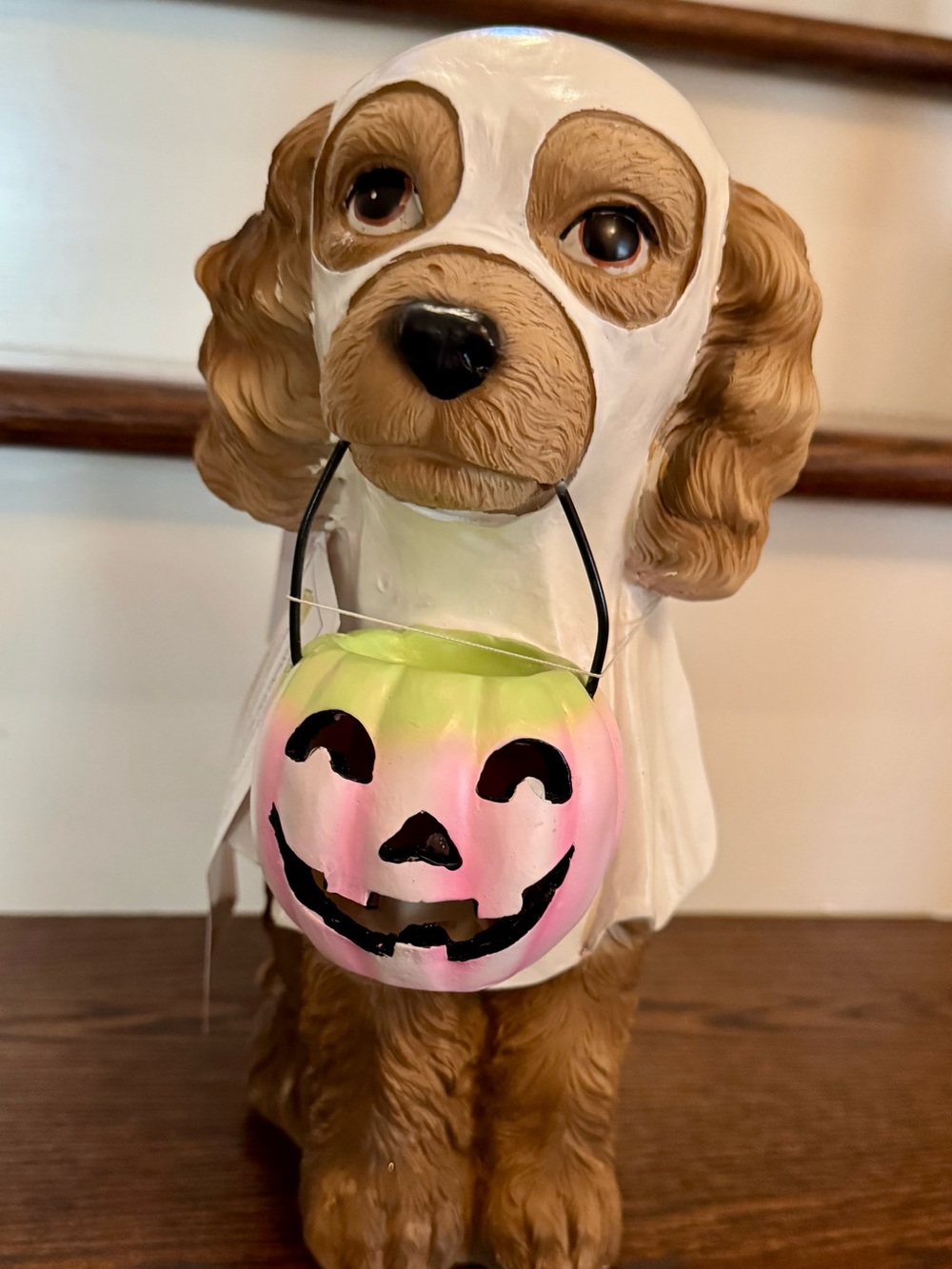 Spaniel Halloween Dog Figurine With Light Up Pastel Pumpkin Bucket